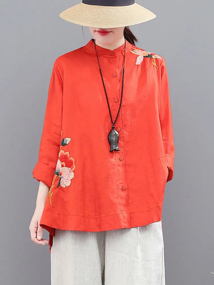 

Women Long Sleeve Cotton Shirts New Arrival 2022 Spring Vintage Style Floral Embroidery Loose Female Casual Tops D120