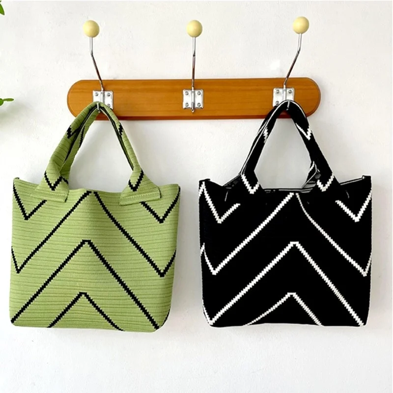

2023 Thin Striped Handmade Knitted Handbags Minimalist Korean Women Mini Top-handle Bag Tote Student Reusable Shopping Bags