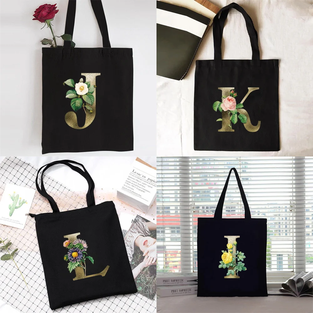 

Women Shopper Organizer Canvas Shopping Bag Handbag Shoulder Bag Students Large Capacity Tote Bag Golden Flower Letter Patter