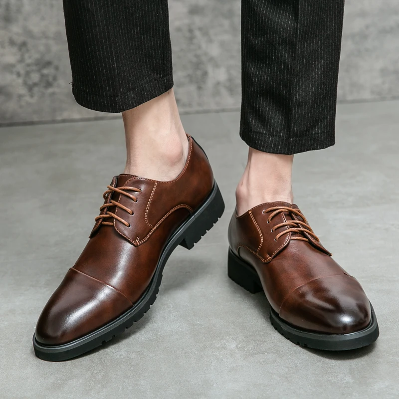 

Spring and Autumn Wild Mens Shoes Low-heel Lace-up Casual Shoes Dress Shoes Luxurious Men's Round Head Thick Sole Oxford Shoes