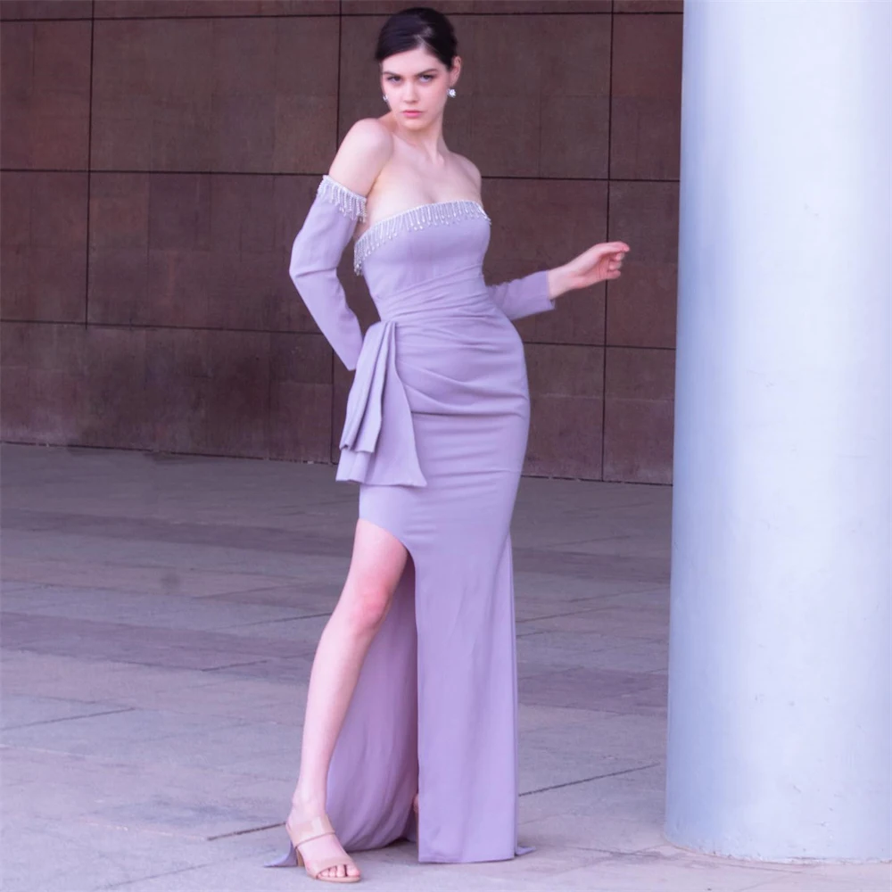 

Соблазнительные вечерние платья без бретелек с длинным рукавом и открытой спиной, платье-футляр с кисточками для выпускного вечера, платье макси на торжество