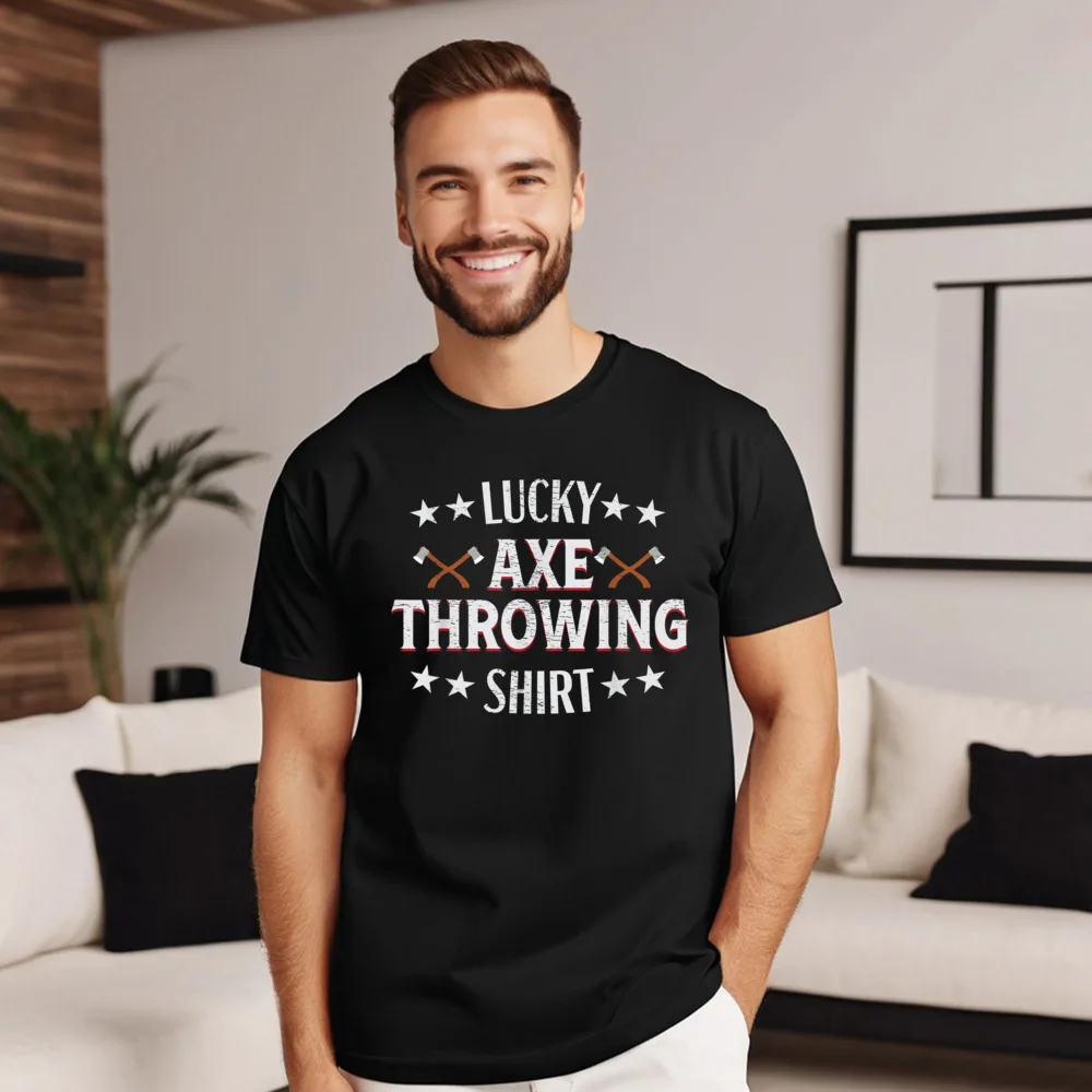 Pure Cotton Mans Short Sleeve Axe Throwing tshirt Funny Lucky T-shirts Design Tops &amp Tees Graphic Slogan Round Neck