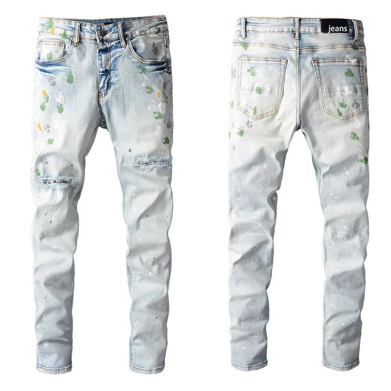 

Мужские облегающие джинсы High Street, повседневные Синие рваные брюки-стрейч в стиле хип-хоп с граффити и принтом, модель 2023 года