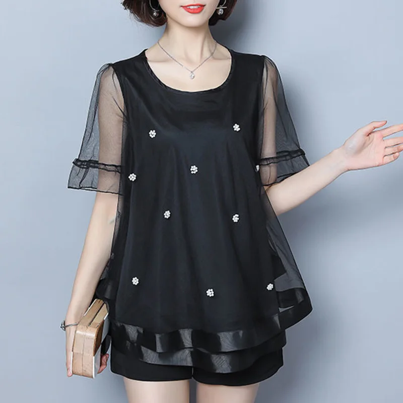 

Elegant Fake Two Pieces Spliced Gauze Beading Blouse Women's Clothing 2023 Summer New Casual Pullovers Flare Sleeve Korean Shirt