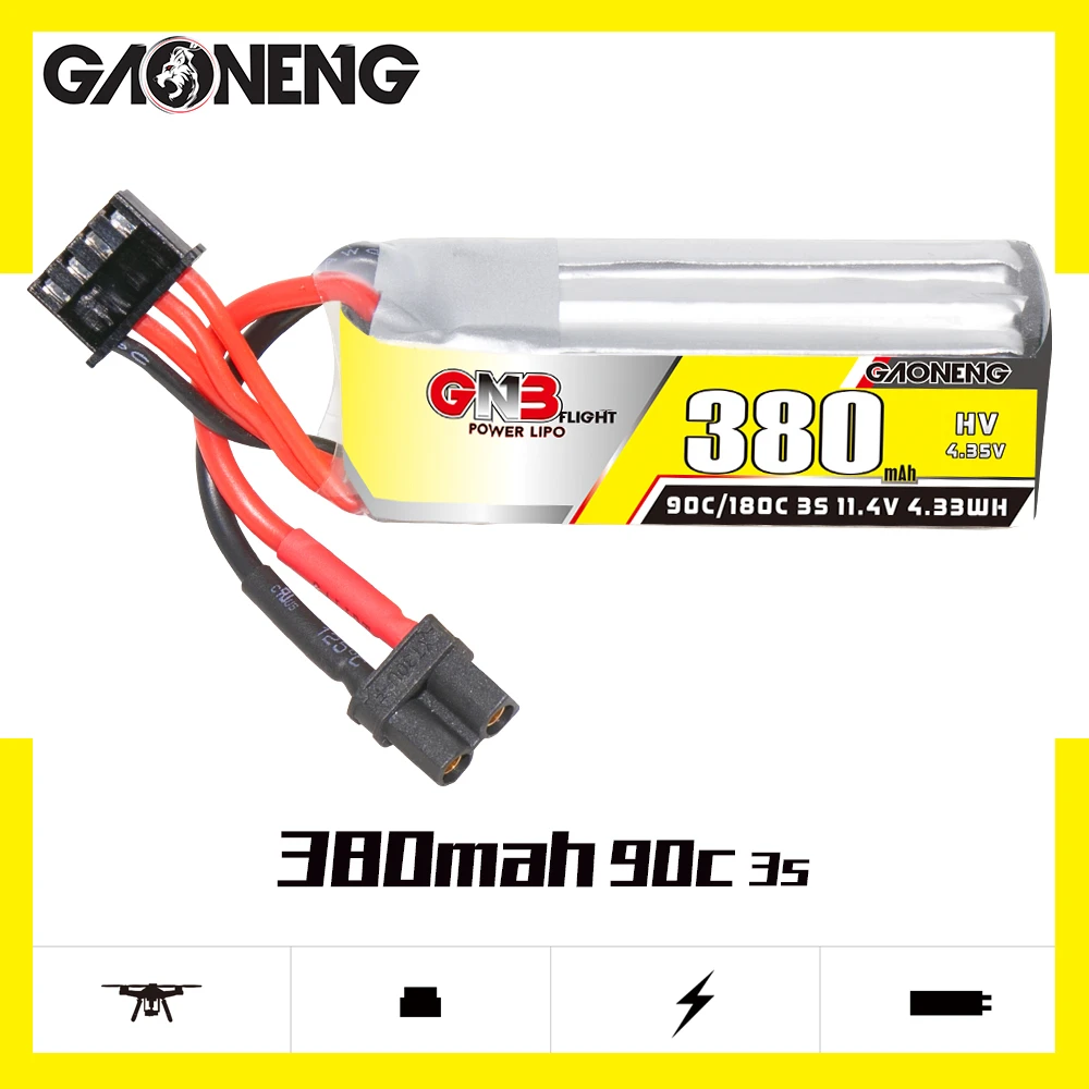 

Gaoneng GNB 380 мАч 3S 11,4 в 90C HV Lipo батарея XT30 разъем для FPV радиоуправляемого дрона оптом квадрокоптера гоночного дрона запчасти