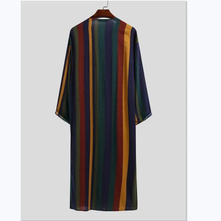 Muslim Southeast Asian new men's loose stripes standing collar door long -sleeved robe national style Middle East robe
