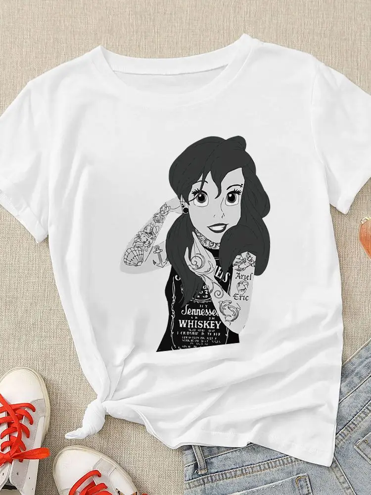 

Женская крутая летняя футболка с круглым вырезом и принтом Принцессы Диснея, модная Универсальная мягкая удобная футболка в стиле Харадзюку, в стиле панк
