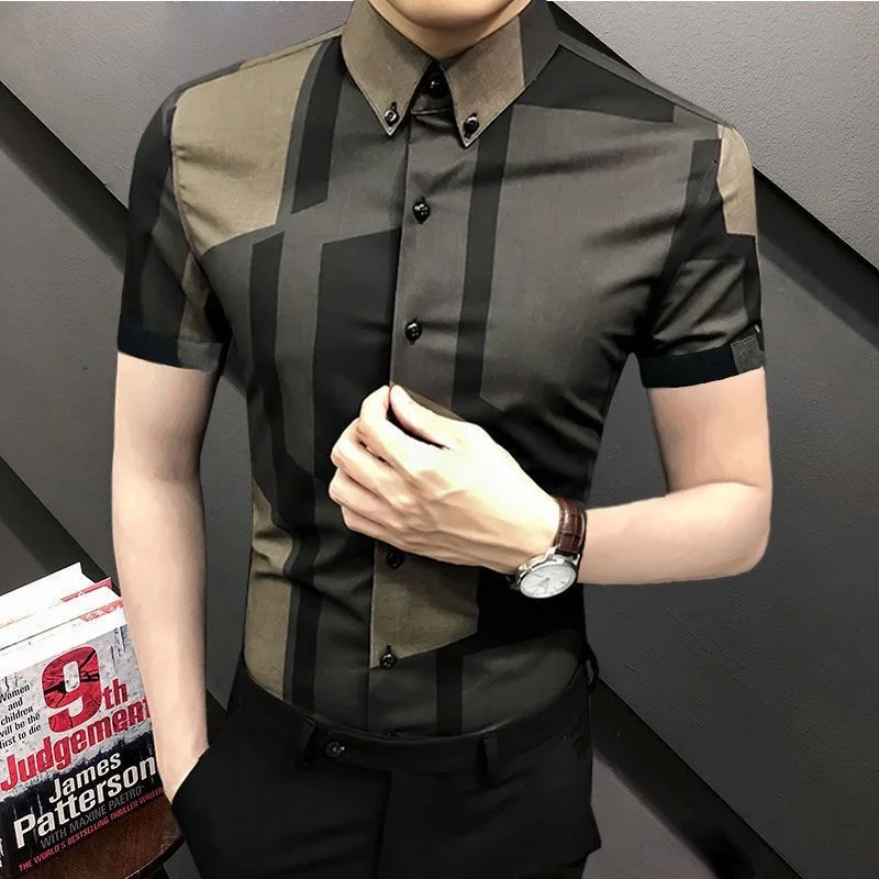 

Korean Style Spring Summer Men Shirts Short Sleeve Turn-down Collar Printed Slim Tops for Smart Casual