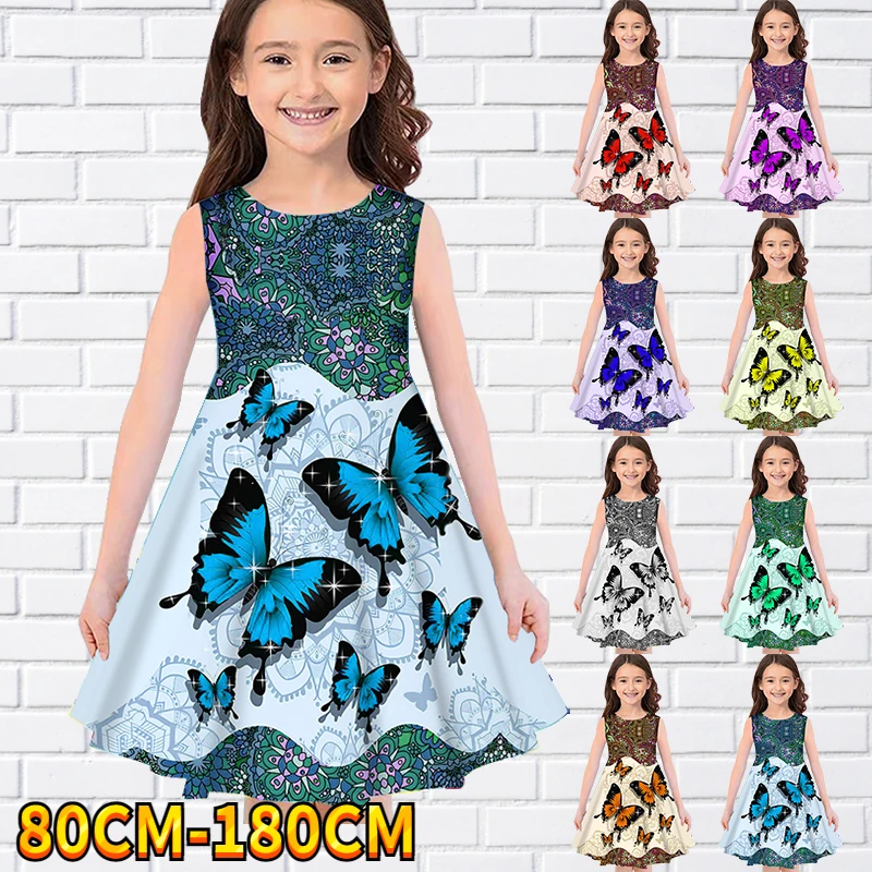 

Kids Little Girls Sleeveless Dress Girls Dress 3D Butterfly Print Daily Casual Cute Sweet Over Knee Sleeveless Dress 80-180CM