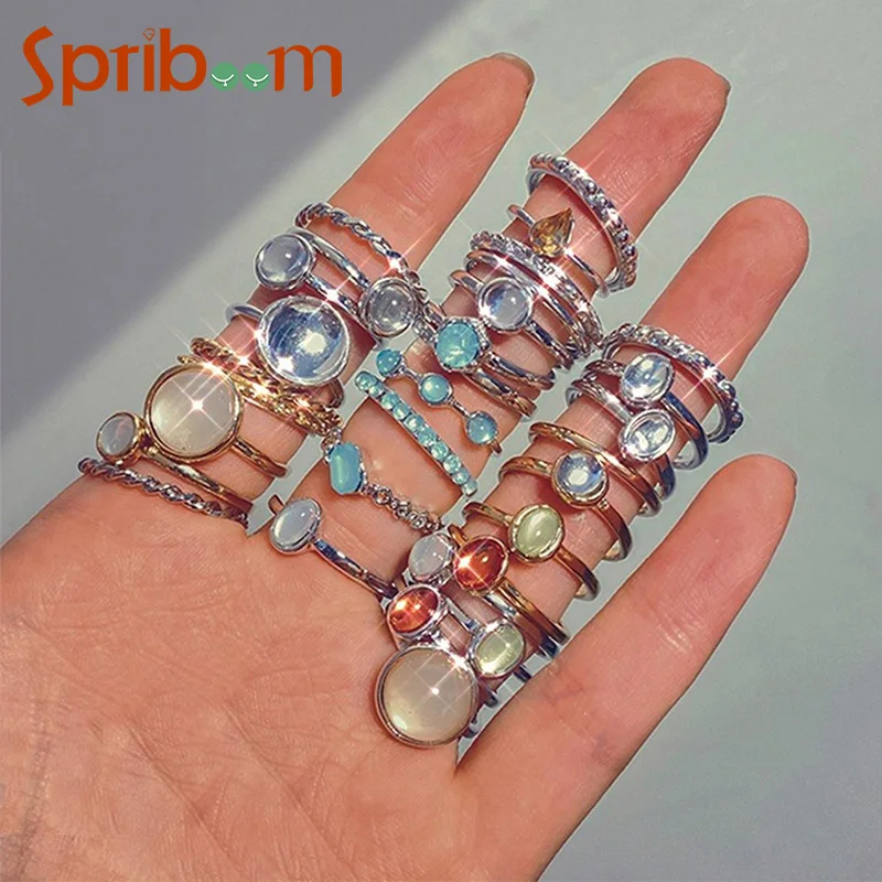 

8Pcs Colorful Stone Rings Set for Women Metal Geometric Index Finger Joint Ring Jewelry Wedding Party Accessories Girls Gifts
