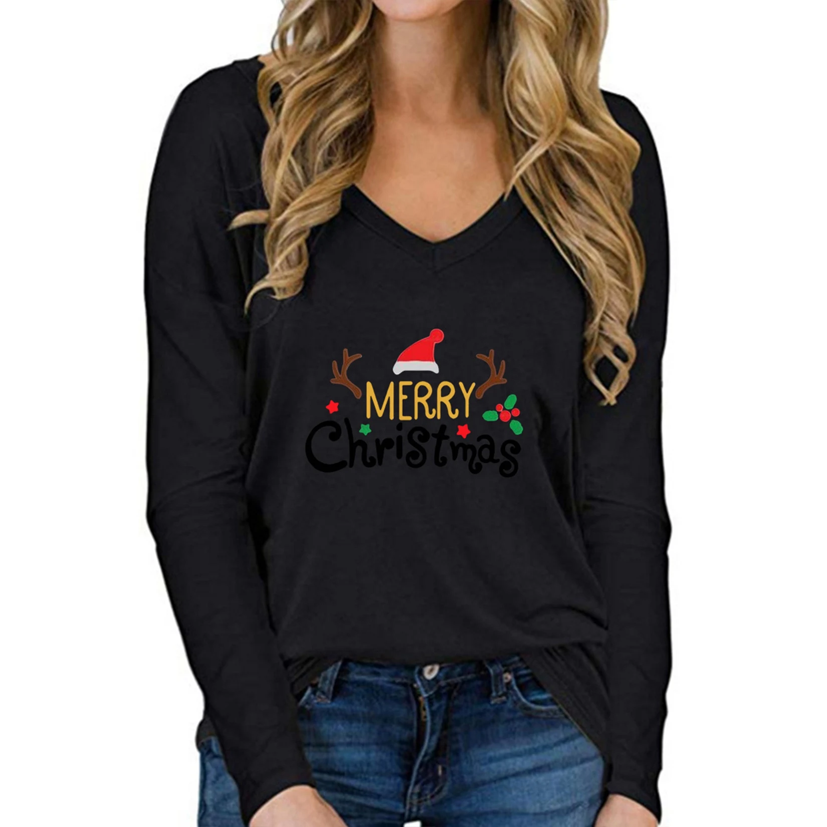 

Women Christmas Long Sleeve T-shirts V Neck Loose Fit Pullover Top Plus Size Holiday Blouse