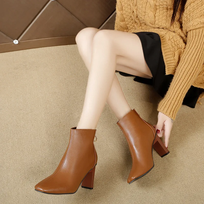 New Leather Boots for Women Square Toe High Heel Ankle Boots Zipper Short Boots Thick Heel Boots Women's Shoes