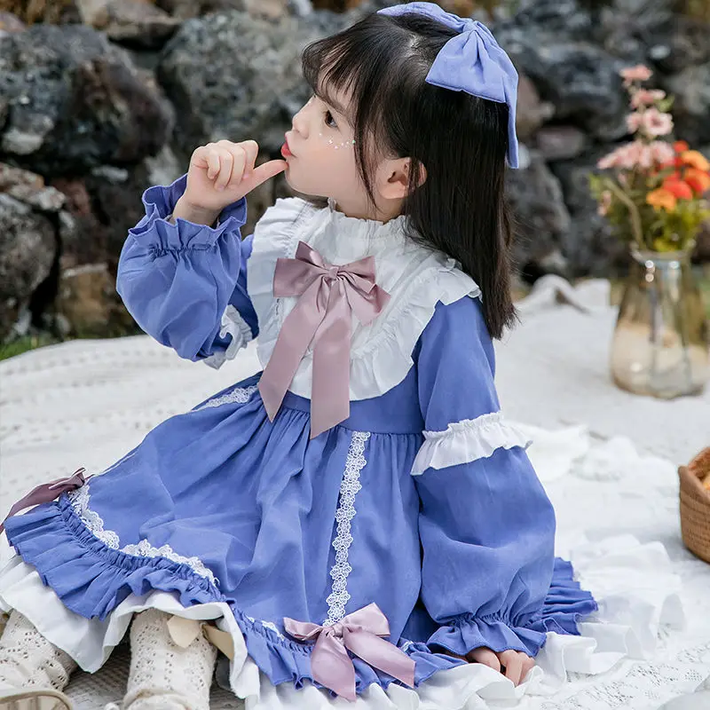 

Осеннее японское кавайное синее платье в стиле "Лолита" с бантом, милое детское платье для девочек, бальное платье, платье принцессы для дня рождения
