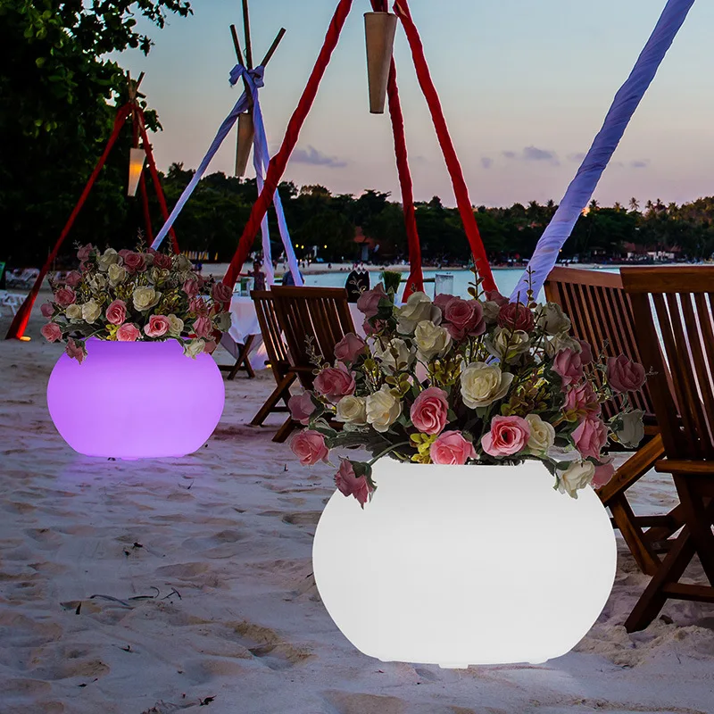 REAQ Drum-Shaped LED Floor Boughpot Luxury Decorative Lights Garden Supplies PE Plastic Flowerpots Hotel Garden Villa Decor