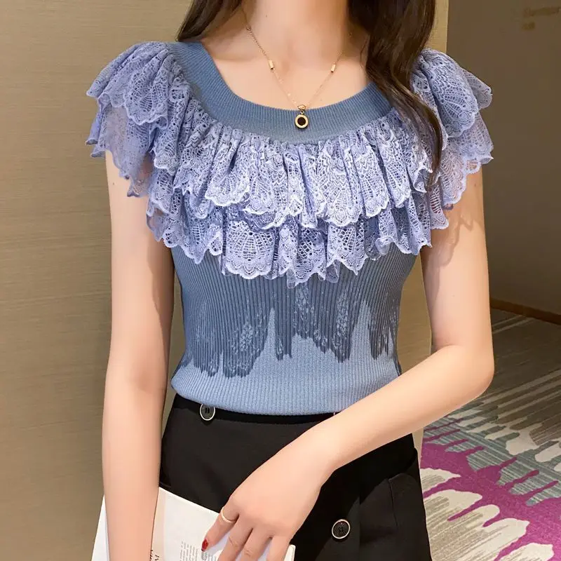Elegant Fashion Lace Hollow Out Round Neck Sleeveless Slim Solid Color Pullovers New Summer Women 2022 Shirt Women's Clothing