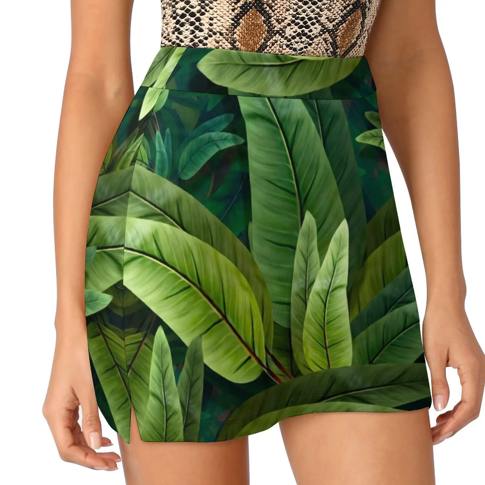

Retro Tropical Skirt Green Leaves Print Retro Mini Skirts Summer High-waisted Pattern Harajuku Casual Skirt 2XL 3XL 4XL