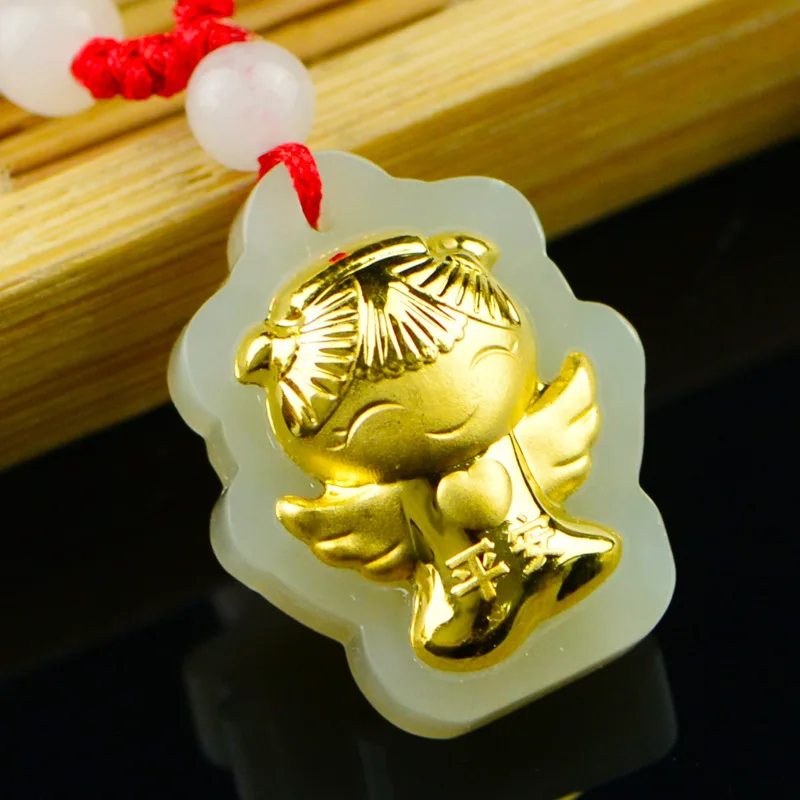 

24K Gold Inlaid Hetian Jade Angel Pendant Women's Lucky Boutique Jade Jewelry 925 Silver Necklace Gift Box Certificate