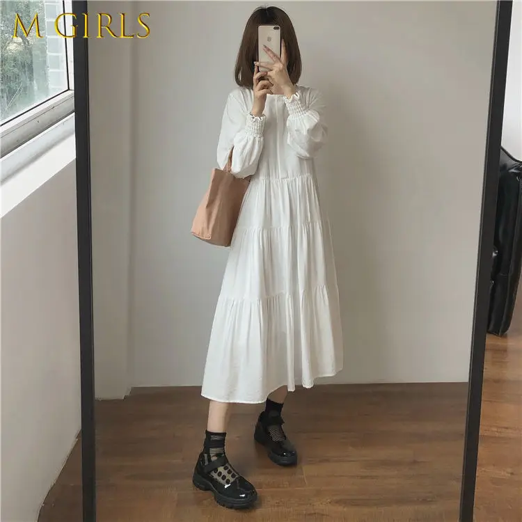 M GIRLS Long Sleeve Dress Women Vintage French Style Lovely Elegant Patchwork Empire A-line Vestidos All-match Autumn College