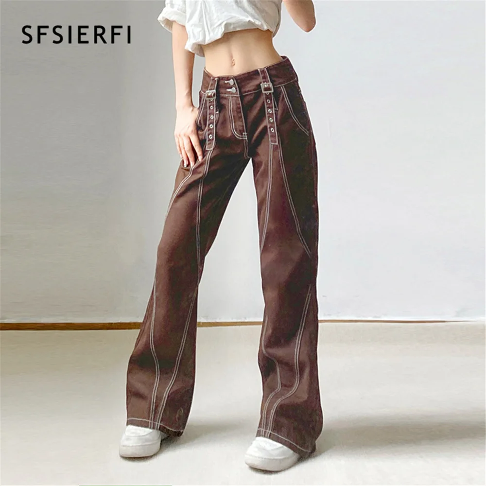 

Коричневые мешковатые джинсы SFSIERFIStreetwear, винтажные прямые джинсовые брюки с высокой талией, повседневные брюки в стиле хип-хоп y2k, одежда