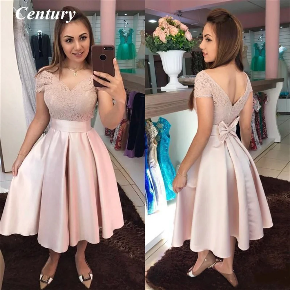 

Dusty Pink Homecoming Dress 2022 A-Line Cap Sleeve Lace Appliques Backless Satin Elegant Party Prom Gown With Bow Tea-Length