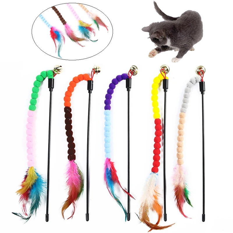 

Cat Funny Pompom Feather Stick with Bell Playing Dangle Tease Fun Kitten Rod Toy Interactive Fishing Rod Wand Cat Toys Pet