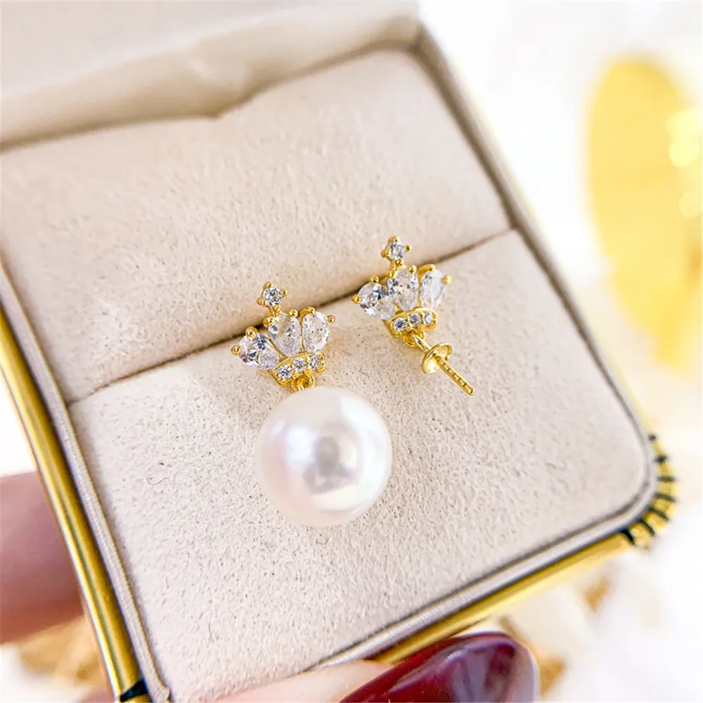 

DIY Pearl Earnail Accessories S925 Sterling Silver Jewelry Crown Crystal Earrings Women's Empty Set Fit 8-12mm Beads