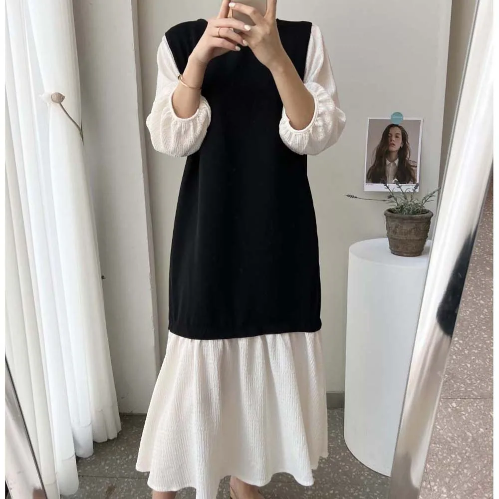 

Элегантное платье-макси в стиле пэчворк, Свободный пуловер с круглым вырезом, облегающее ТРАПЕЦИЕВИДНОЕ корейское модное французское шика...