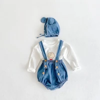 spring and autumn new baby cotton denim suspender pants long t hat 3 piece suit long sleeved top baby fart suspender pants