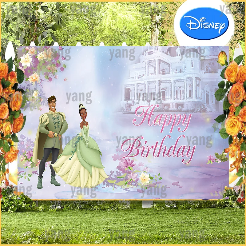 Disney Princess Tiana and the Frog Flowers Backdrop Happy Birthday for Kids Banners Castle Wedding Backgrounds Party Decoration