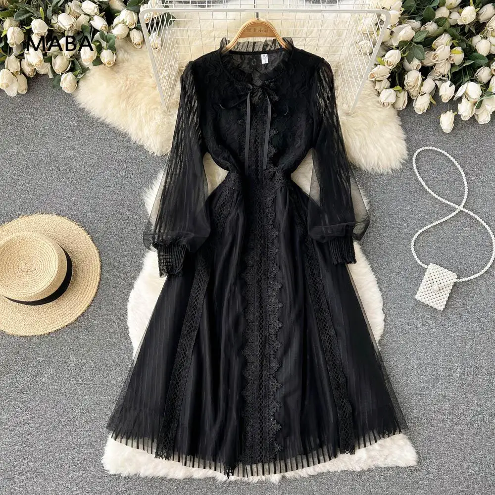 

Женское черное Сетчатое платье, элегантное дизайнерское праздничное длинное платье-трапеция составного кроя с оборками на воротнике, длинным рукавом и высокой талией, весна 2022