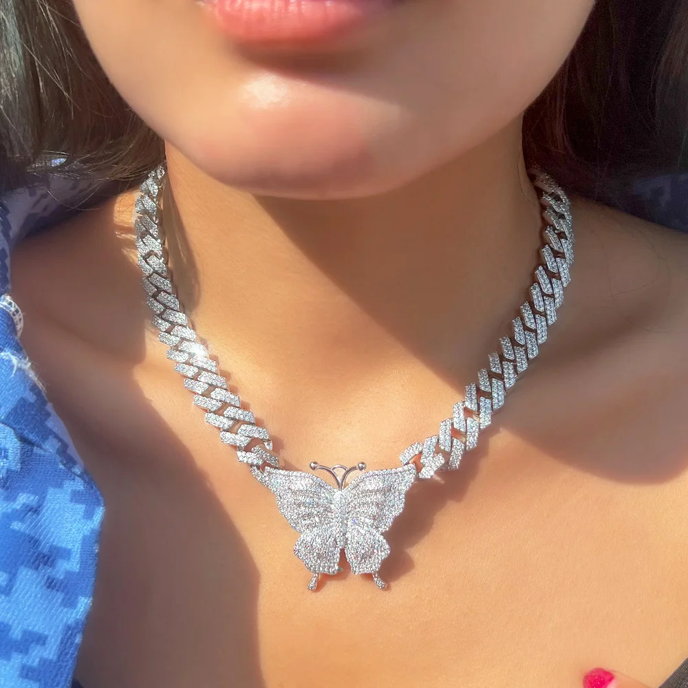 

CWWZircons Real Cubic Zirconia Luxury Statement Miami Cuban Link Chain Big Butterfly Necklace for Women Hip Hop Jewelry CP098