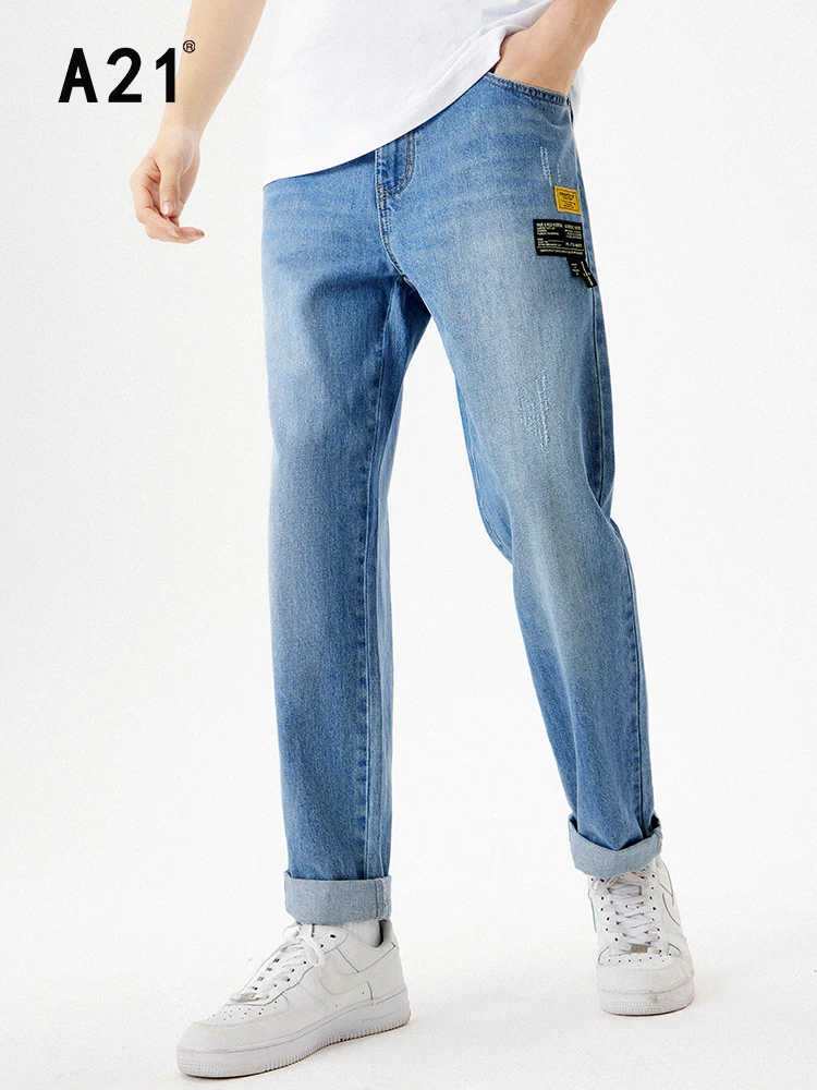 A21 Men Low Waist Straight Jeans for Summer 2022 Simple Casual Loose 100% Cotton Denim Pants Male Vintage Trousers Korean Style