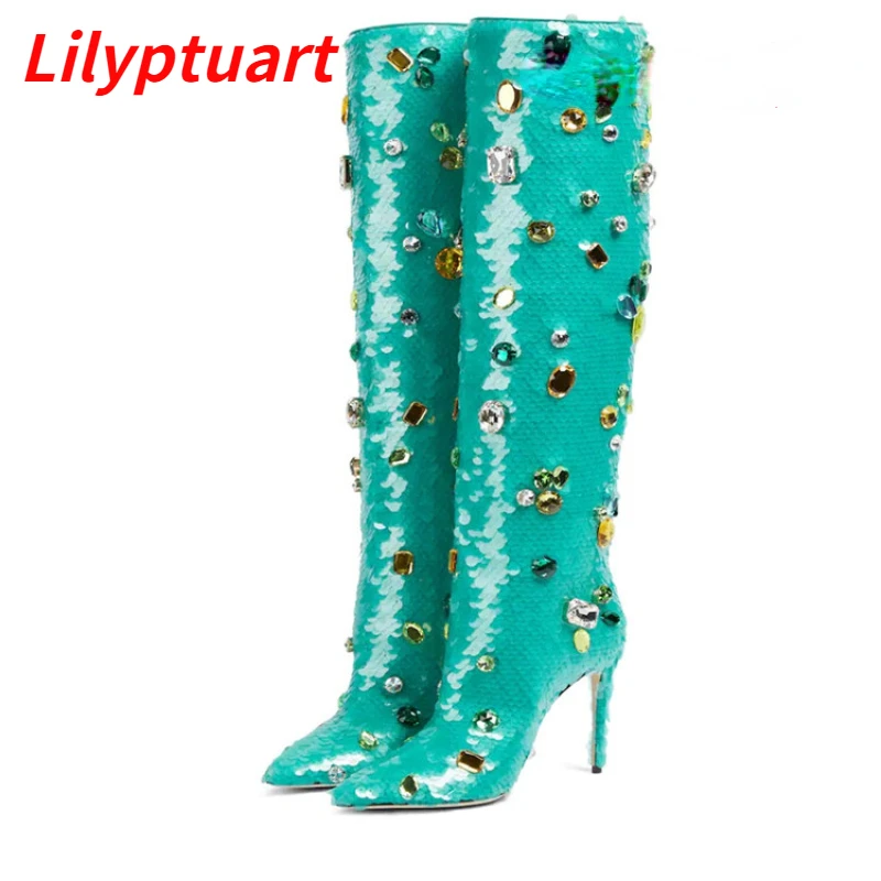 

LILYPTUART High-end Luxury Fashion Sequins Rhinestones Knee-high Boots Stage Banquet Party Prom Shoes Ladies High Heel Boots