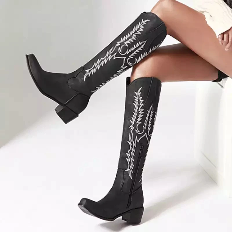 

ENMAYER 2022 Woman Ethnic Knee High Boots Sewing Cowboy Zip Pointed Toe 5cm Chunky Heel Shoes Size 34-44 Brown Black Red A4366