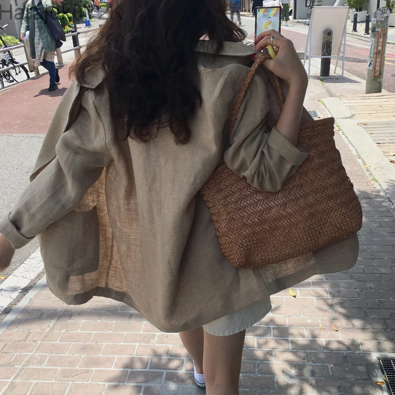 

Blazer Women Outwear New Summer Loose Fashion Leisure Thin Vintage Quality Pockets Single Soft Pure Color Streetwear All-match