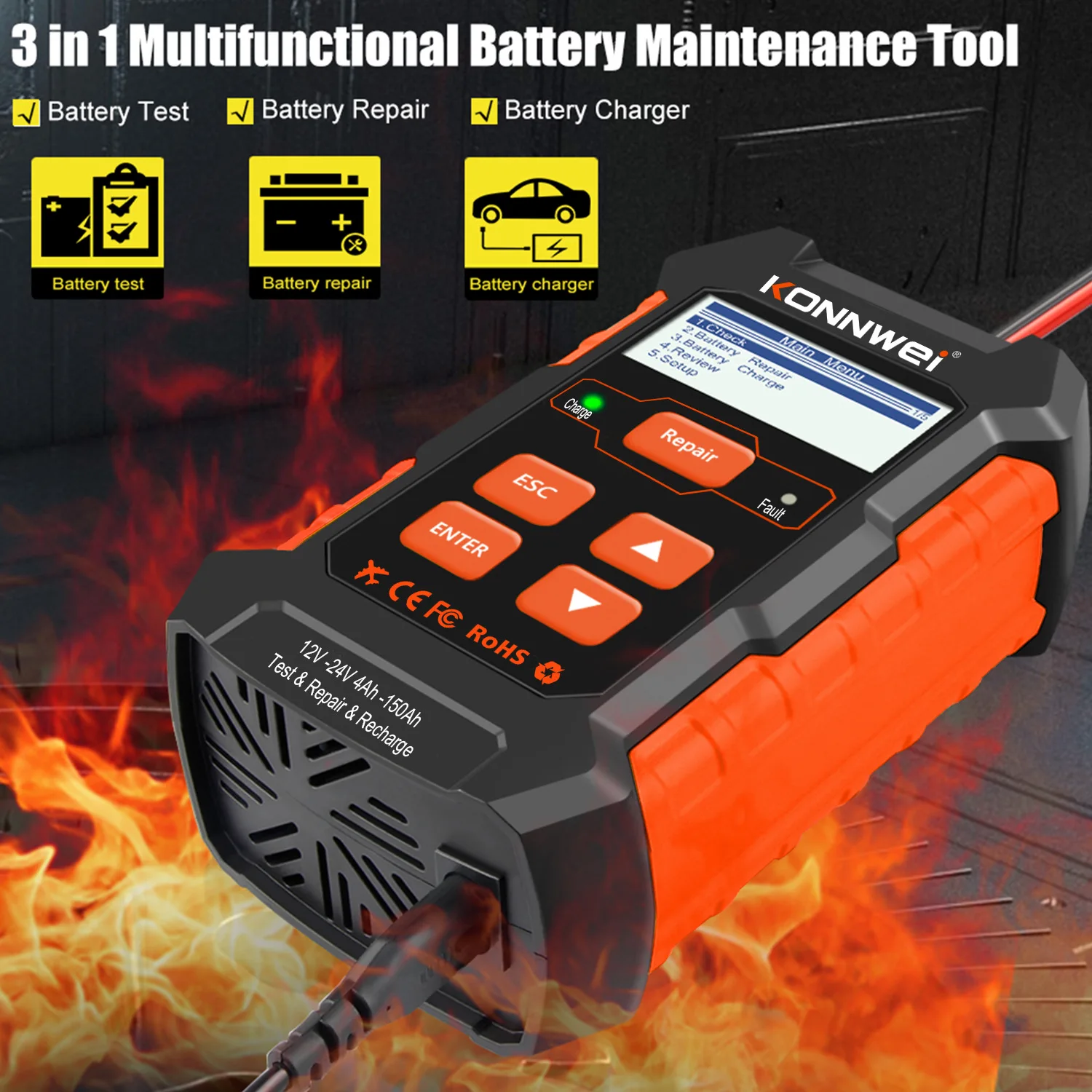 Фото KONNWEI KW520, автомобильное зарядное устройство на 10 А, инструмент для ремонта, детектор, продукт «три в одном» №3