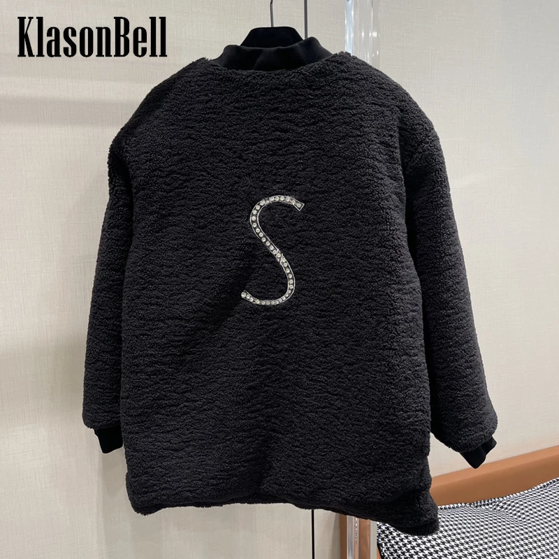 

11.21 KlasonBell Fashion Rhinestone Embroidery Letter V-Neck Argyle Quilted Loose Plush Parka Jacket Women