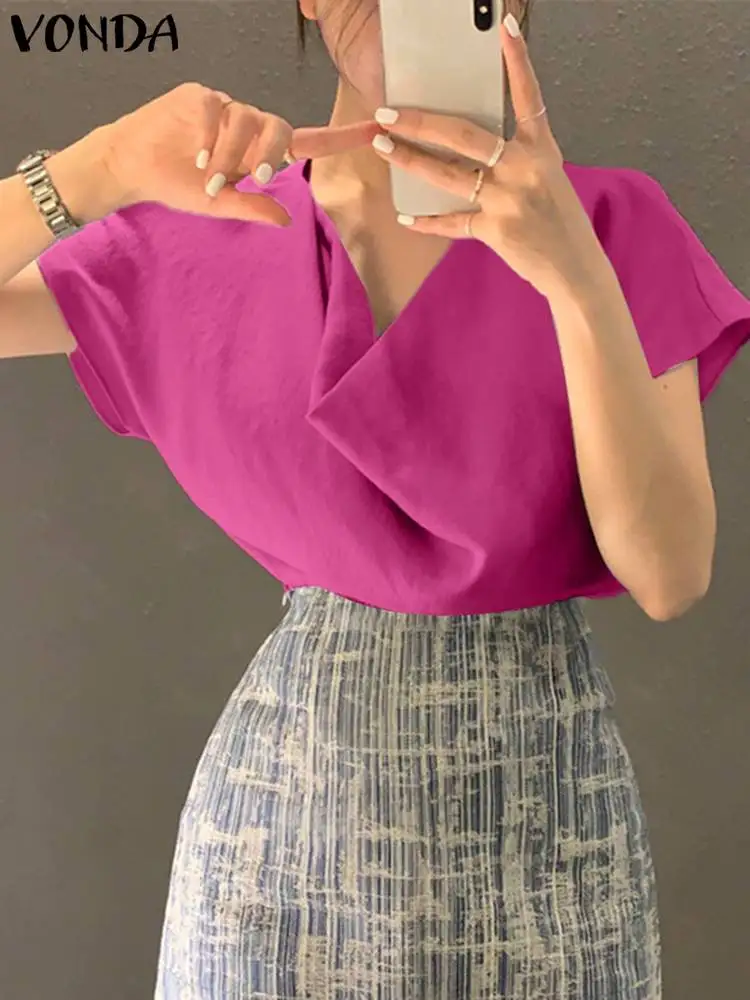 

VONDA 2022 Women Summer Shirts Elegant Solid Short Sleeve Blouse Tops Heaps Collar Ruffles Blusas Casual Street Chemise Oversize