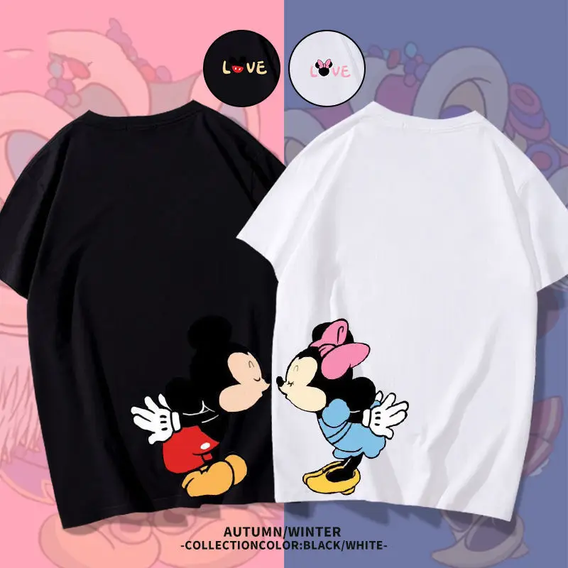 

Disney couple's white T-shirt female ins tide online celebrity cotton lovers short sleeve Appliques Cotton Linen T-shirt