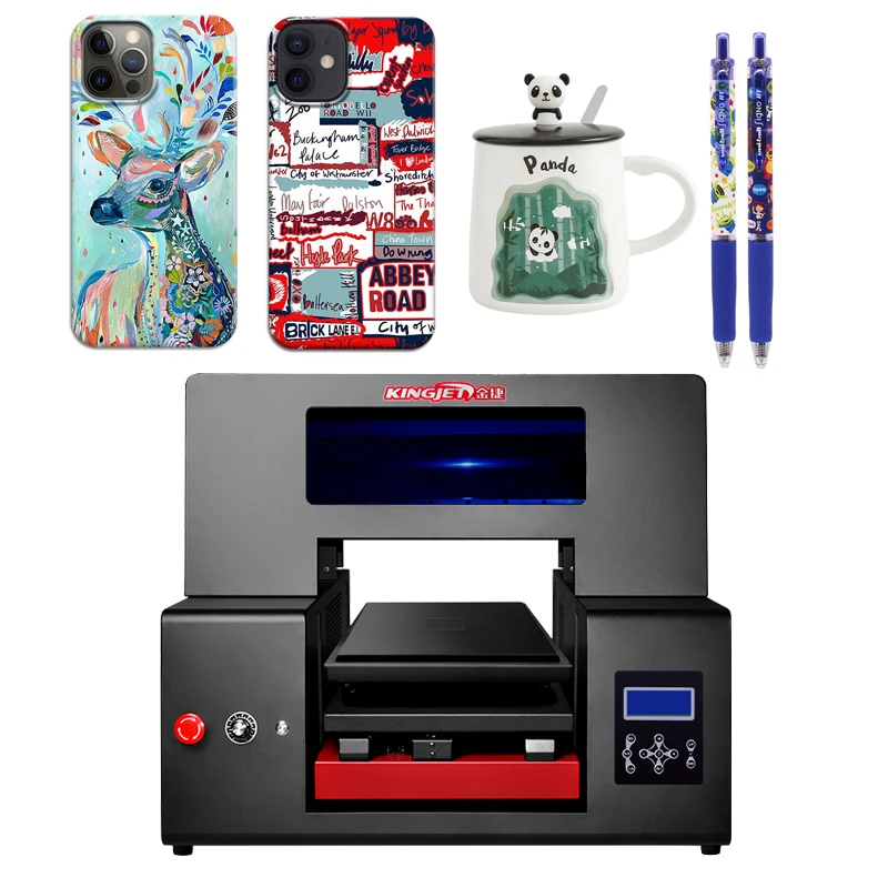 

KINGJET A3 Size Multifunctional Phone Case digital glass printing UV Flatbed Printer With White Ink Circulation