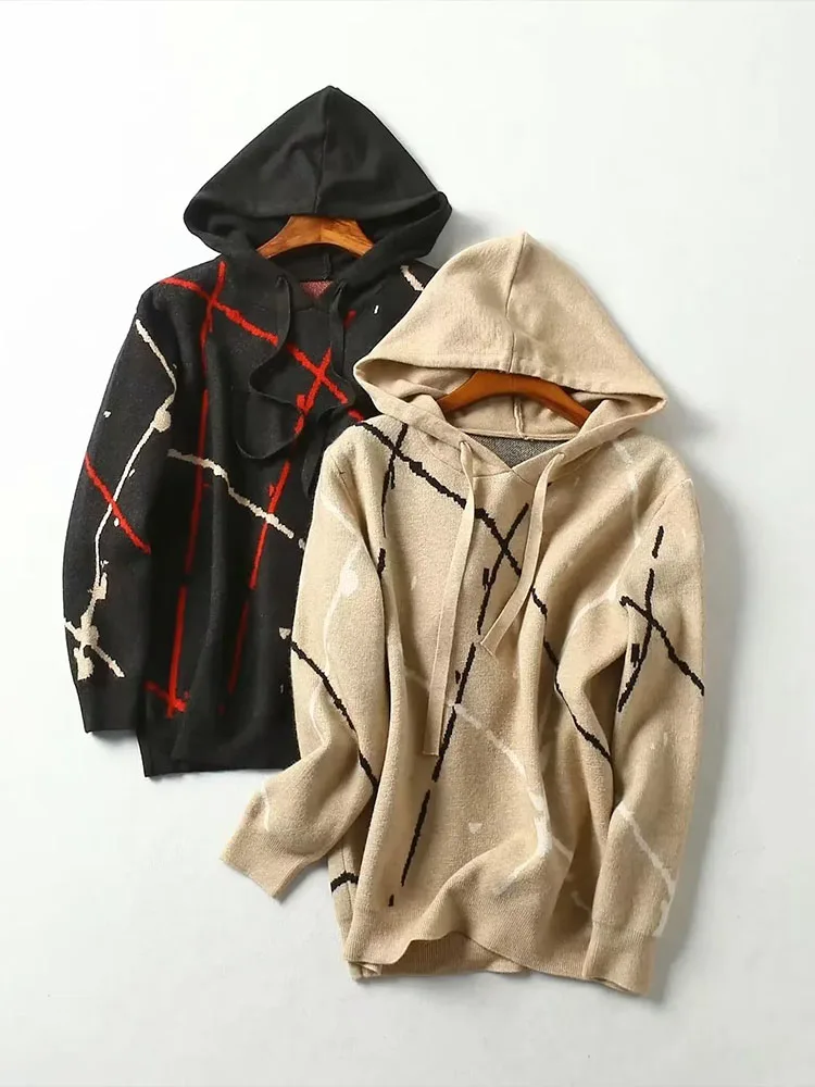 

Women 2022 Autumn Fashion Core Yarn Jacquard Knit Hooded Sweater Vintage Long Sleeve Female Pullovers Chic Tops