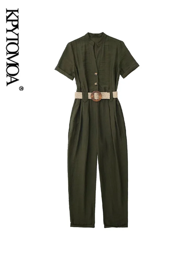 

KPYTOMOA Women Fashion With Belt Front Buttons Jumpsuits Vintage Short Sleeve Side Pockets Female Playsuits Mujer