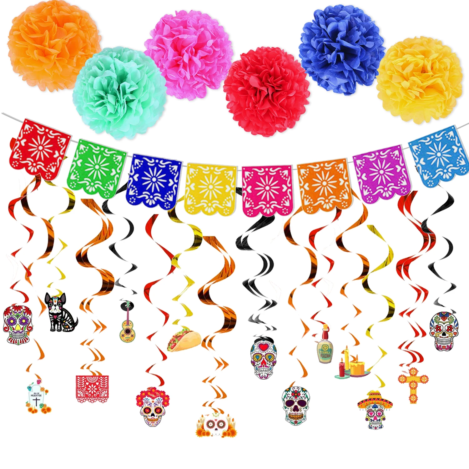 

Day of The Dead Colorful Party Decorations Pinata Hollow Felt Banner Skull Taco Cat Hanging Swirl Set Mexican Carnival Supplies