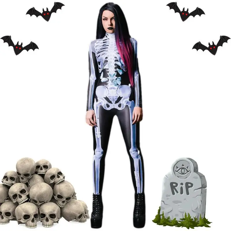 

Halloween Skeleton Bodysuit Halloween Cosplay Costume Onesie Bodysuit Halloween Form Fitting Costume Skeleton Print Bodysuit For