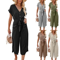 womens 2022 summer new loose casual v neck tie pocket jumpsuit