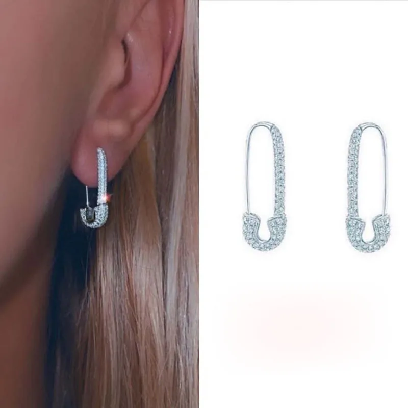

Fashion Real 925 Sterling Silver Safety Pin Earrings with High Quality AAA Zirconia for Women Luxury Brand Fine Jewelry