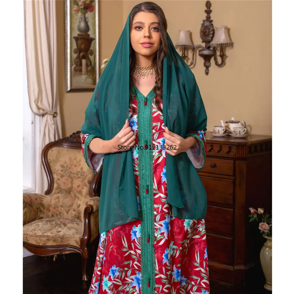 Fashion High Quality Dress for Ladies Middle Eastern Muslim Women Moroccan Jalabiya Dubai Arab Print Maxi Dress Party Ramadan