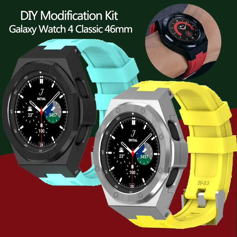 Alloy Case Modification Kit Strap For Samsung Galaxy Watch 4 Classic 46mm Rubber Silicone Band Galaxy Watch 4Classic 46mm Correa