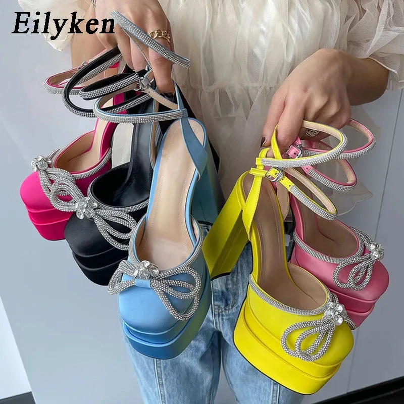 

Eilyken Runway Style Satin Square Head Women Pumps Crystal Butterfly-knot Platform High Heels Female Party Prom Chunky Shoes