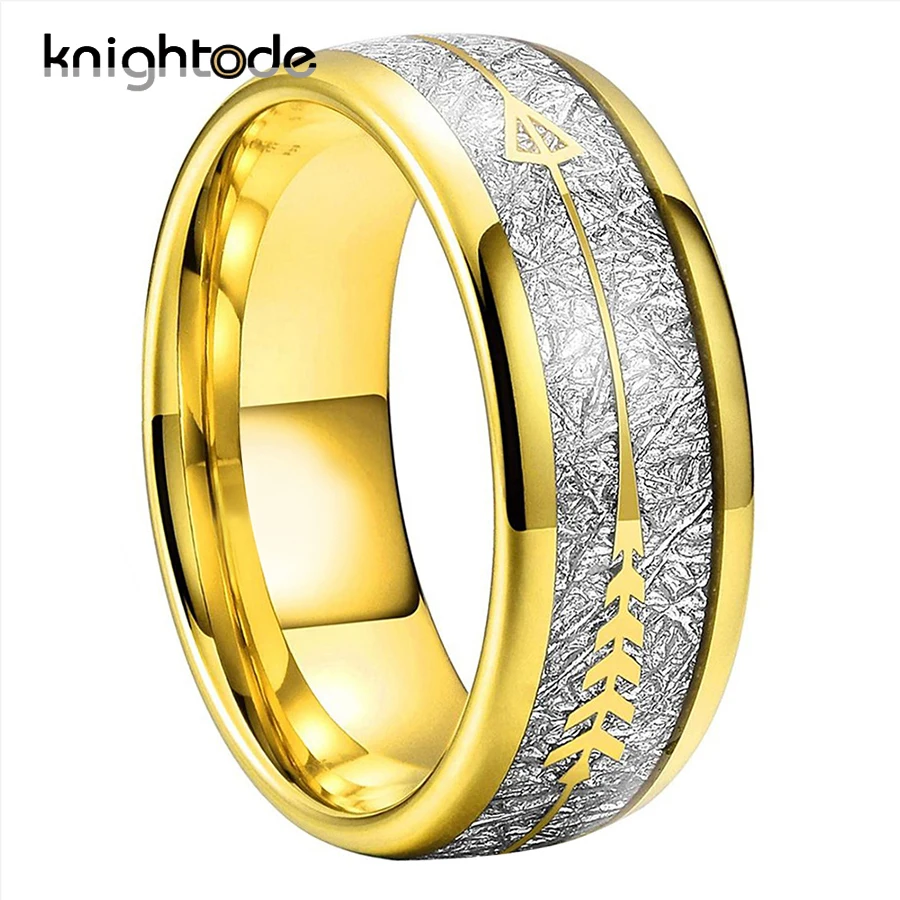 

8mm Gold Color Tungsten Carbide Wedding Bands Arrow White Meteorite Inlay Men Women Lovers Rings Polished Dome Comfort Fit